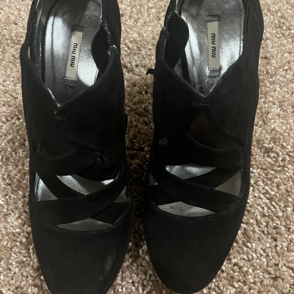 Miu Miu Suede black thick strappy heel booties - Picture 6 of 9